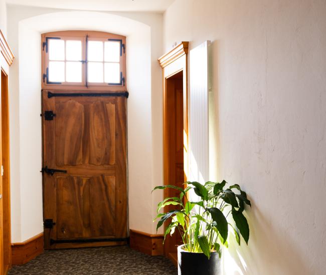 couloir menant aux chambres, propre, moquette agréable, lumineuse, vielle porte 